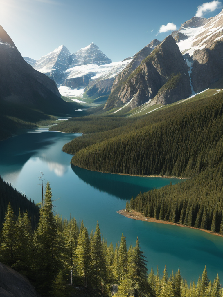 british columbia, surrounded by mountains and nature, beautiful lakes and rivers, volumetric lighting, photorealistic, insanely detailed and intricate, canadian rocky mountains, ultra hd, matte painting, radiant light rays, highres, highly detailed, concept art, Aesthetic, contrast light