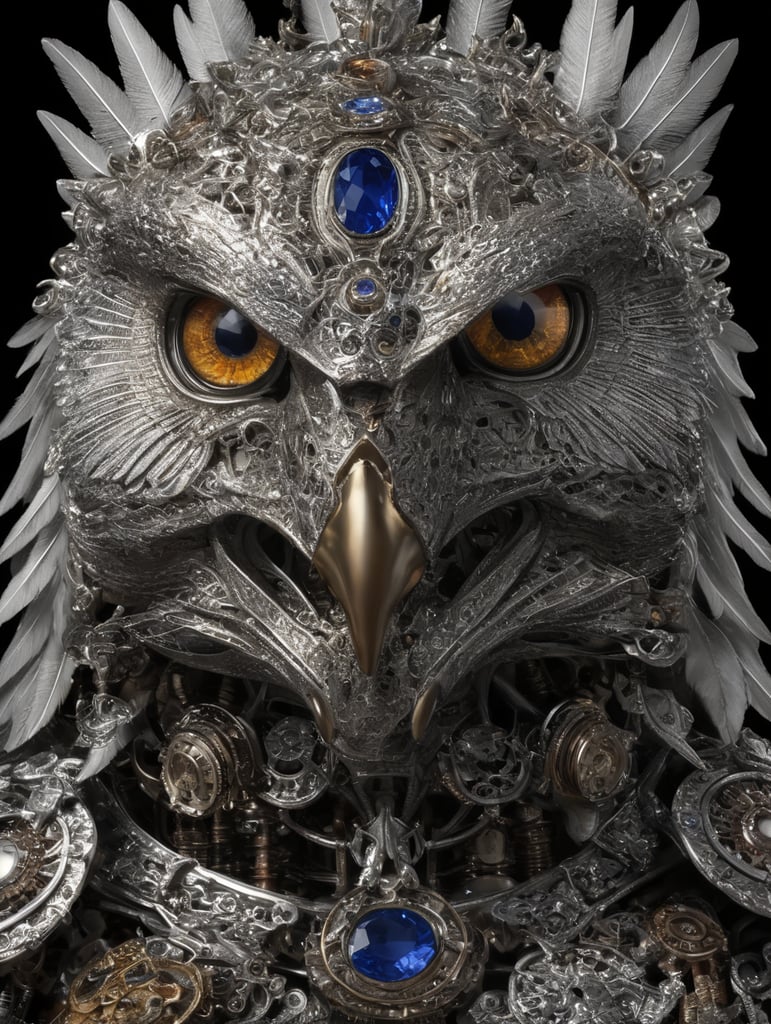 Generate a character concept for Bubo, a mechanical owl crafted by the hands of the gods. Character Appearance: Bubo is a magnificent mechanical owl with gleaming silver feathers that shimmer in the light. Its eyes are made of radiant sapphires, and its wingspan stretches wide, showcasing intricate, celestial engravings. Bubo's body is adorned with symbols of wisdom and knowledge, and it stands tall and proud on mechanical talons. Personality: Bubo possesses a deep well of wisdom, inherited from the gods who created it. It is an embodiment of intelligence, curiosity, and empathy. Bubo is fiercely loyal to its mission of guiding individuals and businesses through the complexities of decision-making. It approaches every challenge with a calm and analytical demeanor, always seeking the most empathetic and strategic solution.