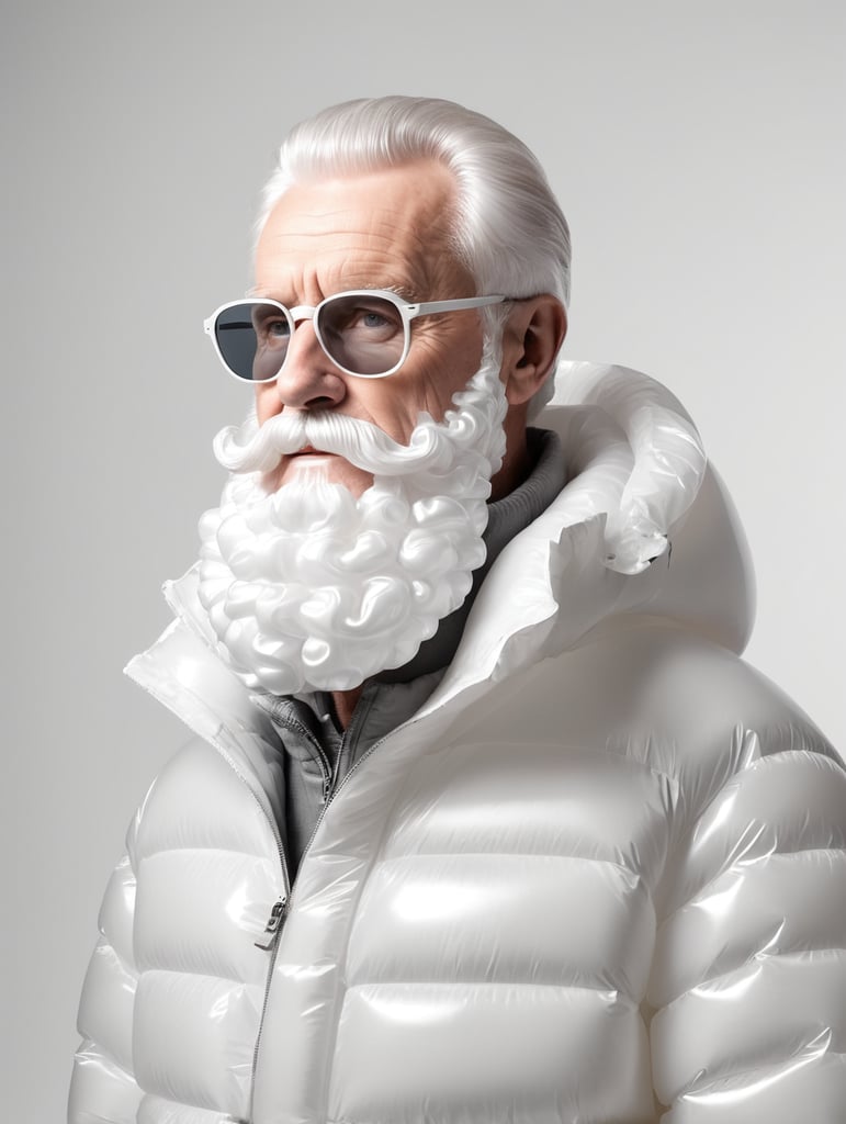 Inflatable white minimalist old man with beard puffer jacket, transparent, isolated, grey background, mockup