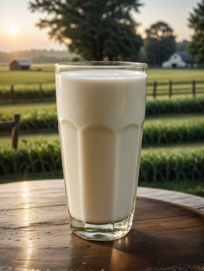 A mockup of a glass of milk, early morning, farm blurred background