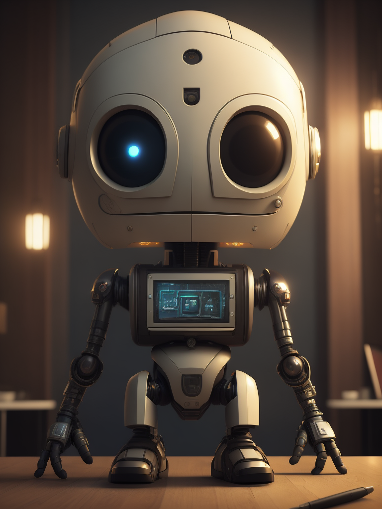 Electronic robot and office, unreal engine, cozy interior lighting, artstation, detailed, digital painting, cinematic, character design by Mark Ryden and Pixar, hyperrealistic, holding a graphics tablet