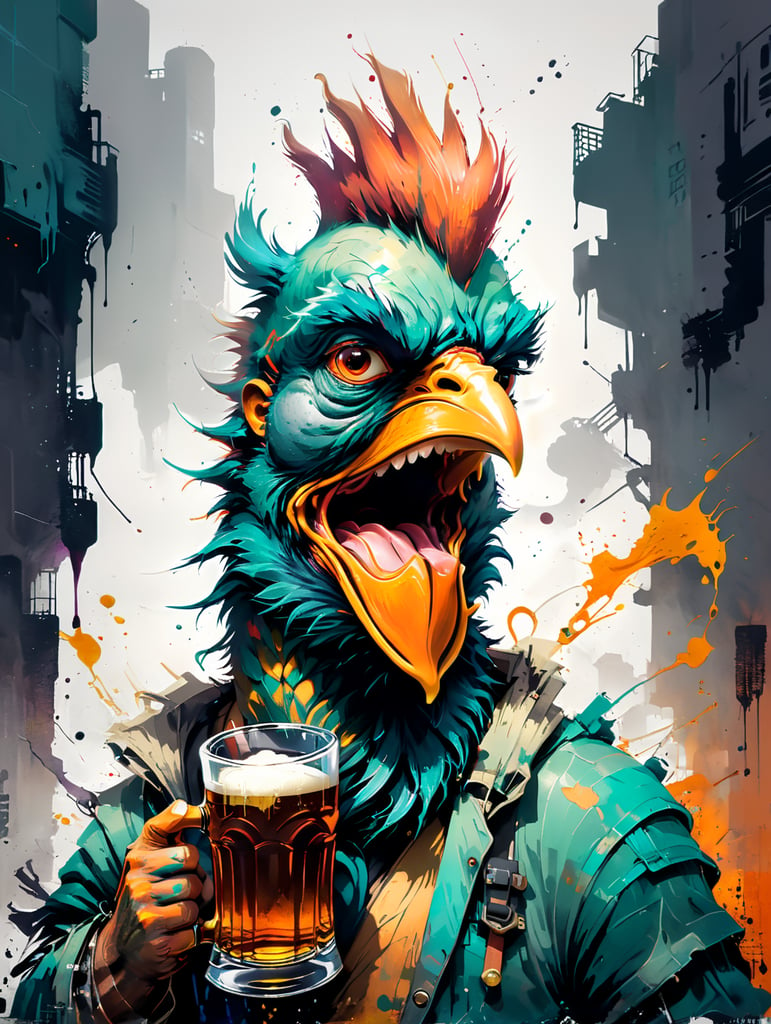 Drunk rooster holding beer