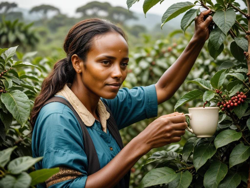Create a typical ethiopian woman picking coffee from a coffee bush