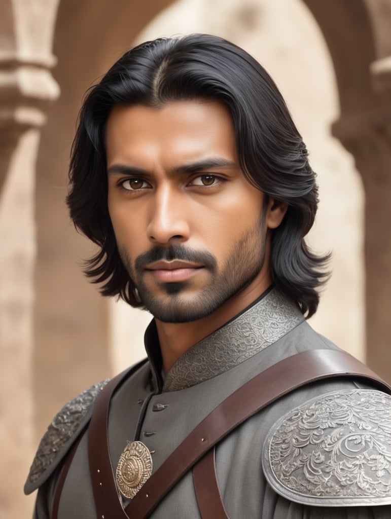 man, black straight loose shoulder-length hair, brown eyes, Indianin Ameryka, equestrian outfit, Middle Ages, outfit color grey.