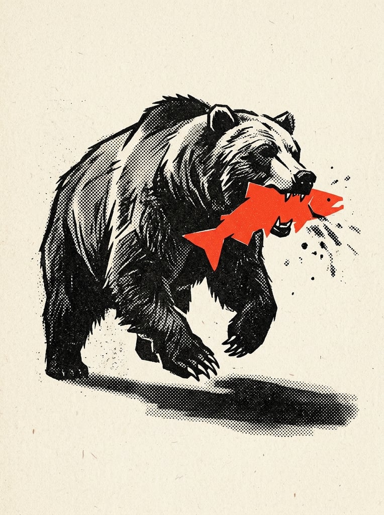 A graphic risograph-style illustration of a large bear catching a fish, defined by extreme mid-century constructivist minimalism and vintage offset printing techniques. The bear is rendered in dense, textured black ink, stylized with heavy halftone dot patterns and stippled shading that create harsh, directional form. In the bear's jaws is a sharply contrasting, flat vermillion red fish, providing a bold block of vivid color. The subjects are anchored on a bare, off-white cream background emphasizing coarse paper grain and tactile surface texture. Heavy, dense black cast shadows stretch horizontally to the right of the bear, formed by tightly clustered ink stippling. The overall composition utilizes a strictly limited palette of deep black, pure tomato red, and cream paper tone, characterized by subtle ink bleed, high-contrast geometry, and a heavily textured, retro graphic aesthetic.