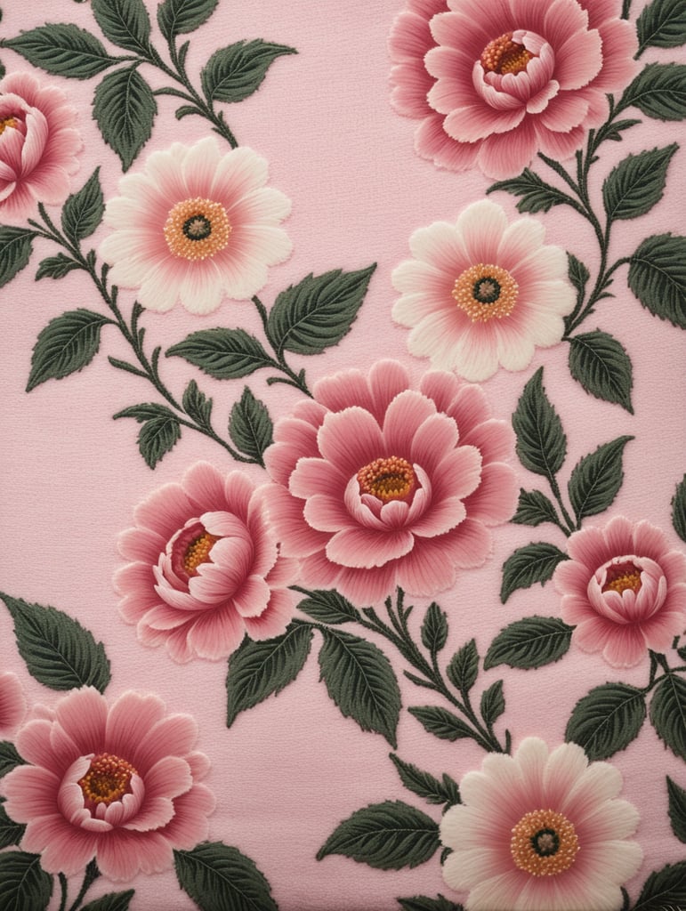 Create a Sherpa fabric texture with a floral pattern in baby pink color, giving it a fluffy and cozy feel.