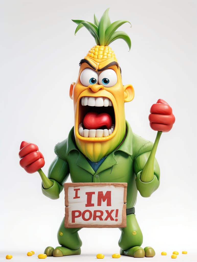 a realistic angry Genetically modified corn holding a sign "I'm sick!", WHITE background