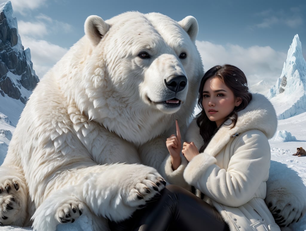 portrait of young woman with dark hair sitting, right hand making a V signd, wearing a thick white fur coat, a polar bear sitting right next to her, polar location, ice and snow, cold environment, highly detailed
