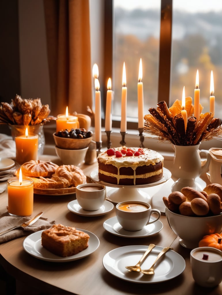 Breakfast table hot coffee birthday cake with candles some pastries autumn ambient daylight warm sunlight