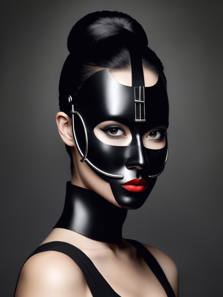 mujer albina portrait with craft mask, minimalist, gloomy, mystical, inspired by the Bauhaus, contemporary, gray scale, totally black background
