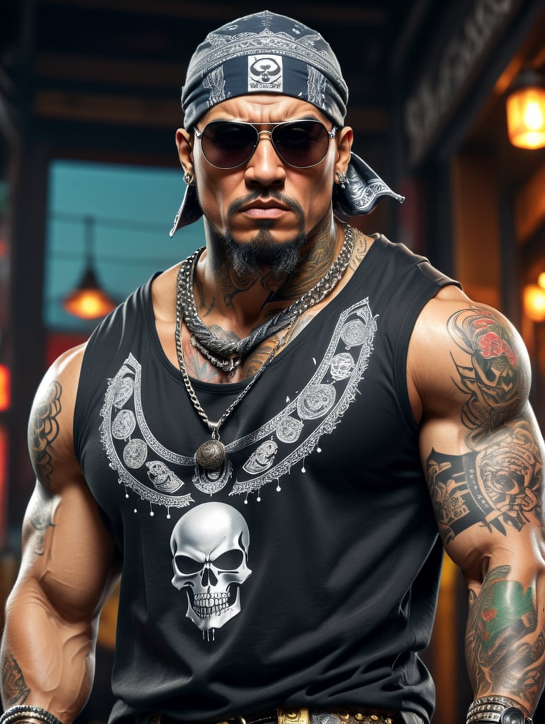 Simple logo art of a tattooed bald strongman with no beard, angry and furious, box braids and cap, sunglasses, gang member, 90s gangsta, arms crossed, loose clothes, real bandana on his face and shirt rock, silver chain, ultra realistic and intricate details, true colors, 8k, uhd, comics, ghost vigilante style, a ghetto hoodie behind the center image, rounded bandana background, bad boy style vaporwave