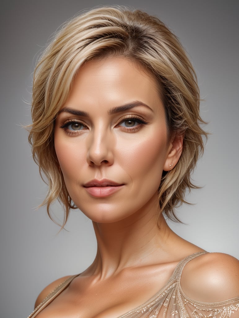 Portrait of a beautiful 40 years old woman with a big bust, glamorous Hollywood portraits, highly realistic, daz3d, women designers, high resolution, photography portrait realistic