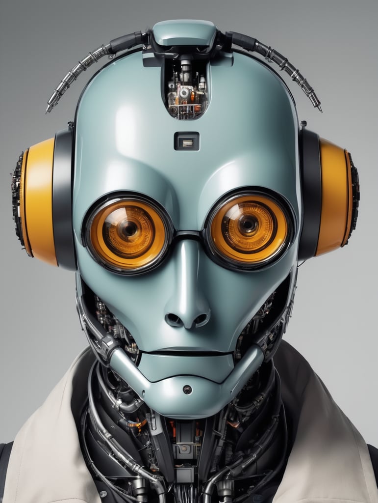 I want a world where normal daily professions that require human emotions are done by robots and artificial intelligence. showcase its flaws using irony, exaggerations, social criticism and funny references. the robot characters should be wearing extremely oversized clothes that would match the VETEMENTS and Demna Gvasalia aesthetic, that resemble the profession that they are doing.