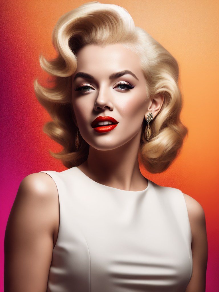 Portrait of Marilyn Monroe, ultra realistic, blonde hair, white dress, bright makeup, gradient background,