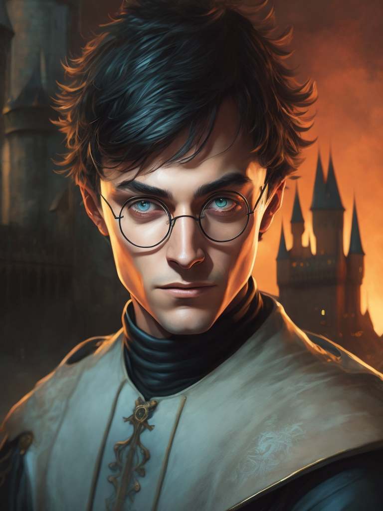 Portrait of Harry Potter in medieval style, detailed face, contrasting light, Against the backdrop of the castle,