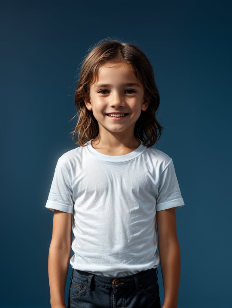 a boy and girl wearing white t-shirts, standing in front of blue background, blank shirts no print, 16 years old smiling toddlers, photo for apparel mock-up