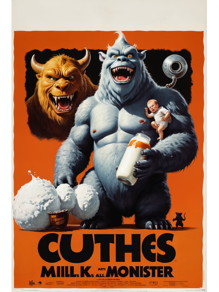 A vintage 1960s movie poster of a milk monster. The monster is young, cute, fat, and all white with soft fur. It holds a baby’s bottle full of milk.