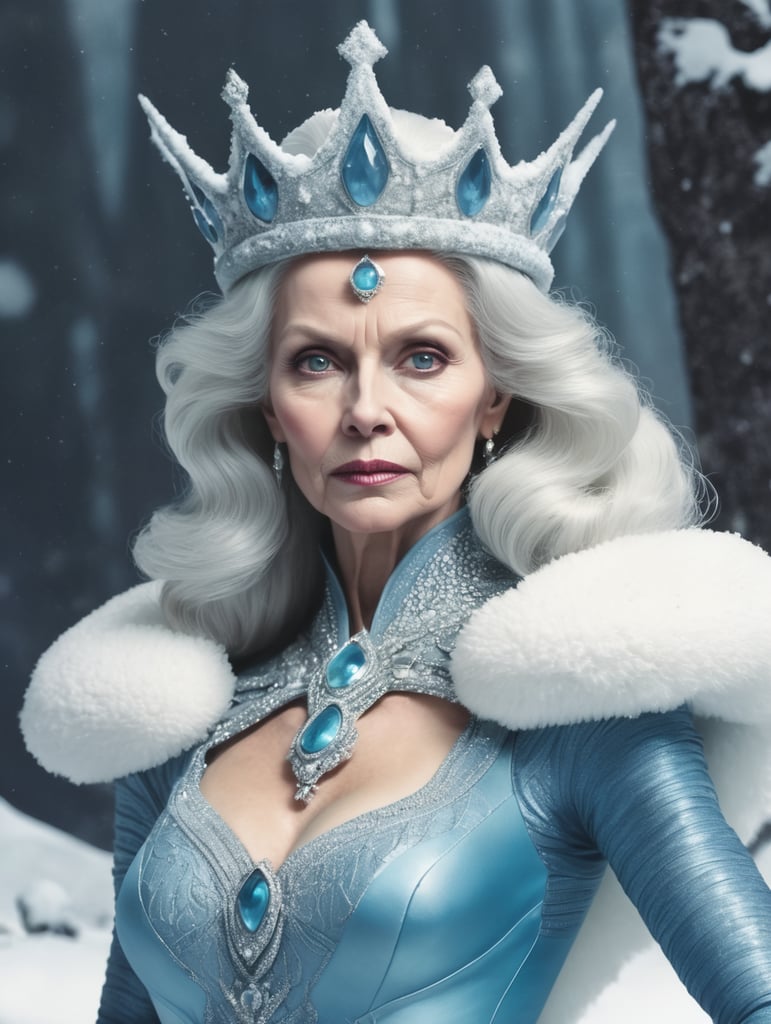 70s comic cover alien bluish pale skin very old wrinkle woman alien with crown queen of the snow sci-fi sinister wicked snow queen