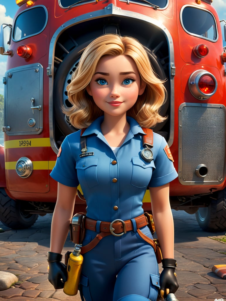 A Disney Pixar-inspired movie poster with the title *MARINA* featuring *woman firefighter wearng short blonde hair, blue eyes and woman doctor wearing long brown hair, brown eyes, our loves,* The scene should be set in the distinct digital art style of Pixar, with a focus on character expressions, vibrant colors, and detailed textures that are characteristic of Pixar animation, standing centered in 3D style, rendered using beautiful Disney animation, Pixar style, Disney style, 3D style