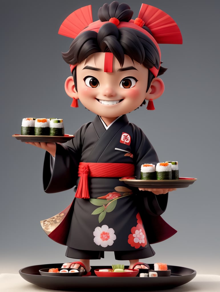 Personagem japonês, masculino jovem, sorrindo, de corpo inteiro, com kimono preto, faixa vermelha na cabeça, segurando uma bandeja com sushi