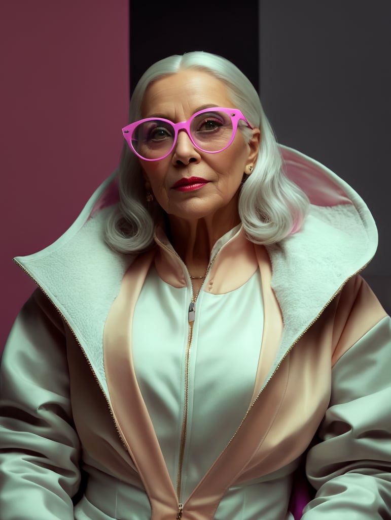 A portrait of a beautiful older woman with white platinum hair and big pink glasses, glamorous Hollywood portraits, highly realistic, daz3d, women designers, high resolution, very fashionable and stylish, colorful like a Wes Anderson movie portrait