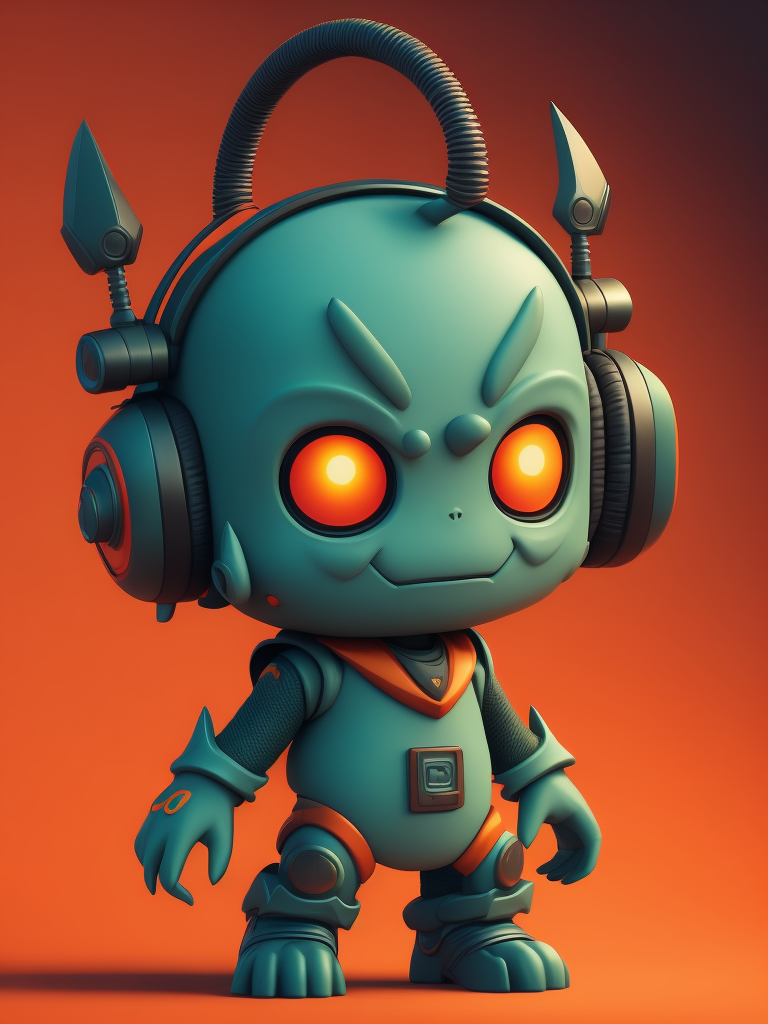 game character monster, a cute monster character with headphone, orange color, funko pop, vibrant gradient background,