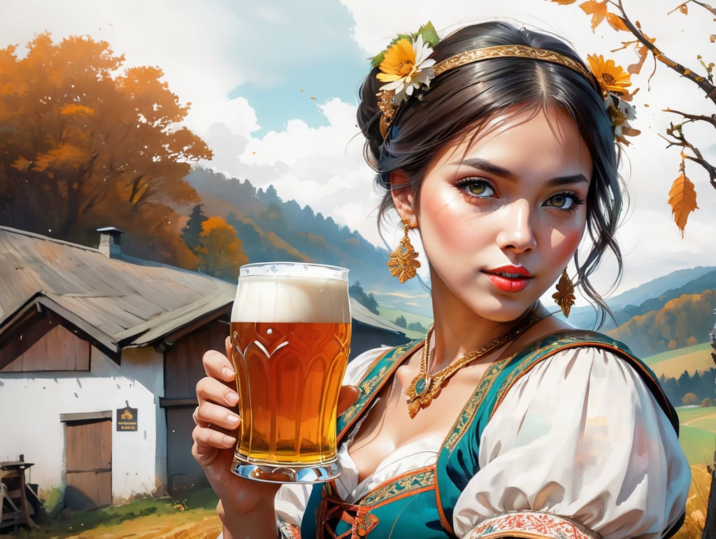 anglo saxon woman on Cute Poster Art for Oktober Fest in the German countryside, girl dressed in traditional tracht and drinking beer, new exciting angle