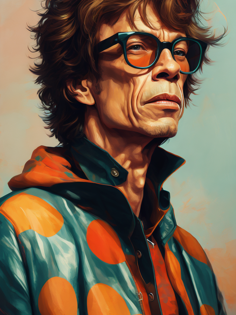 Mick Jagger wearing a brightly patterned jacket and wayfarer glasses, Vivid saturated colors, Contrast color