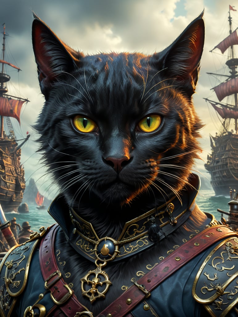 Black cat in the style of a Disney cartoon with the nickname Negro. Pirate