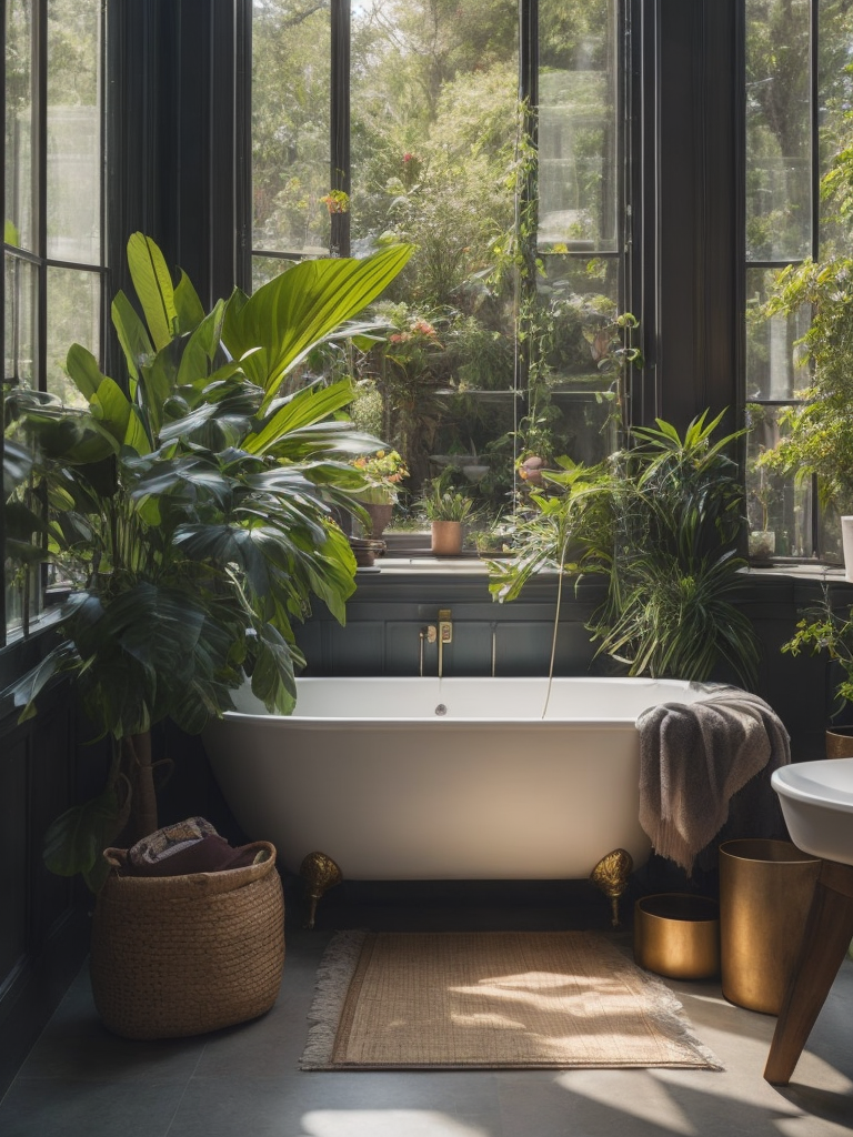 Architectural digest photo of a maximalist bathroom living room with lots of flowers and plants, golden light, award winning masterpiece with incredible details big windows, highly detailed, harper's bazaar art, fashion magazine, sharp focus
