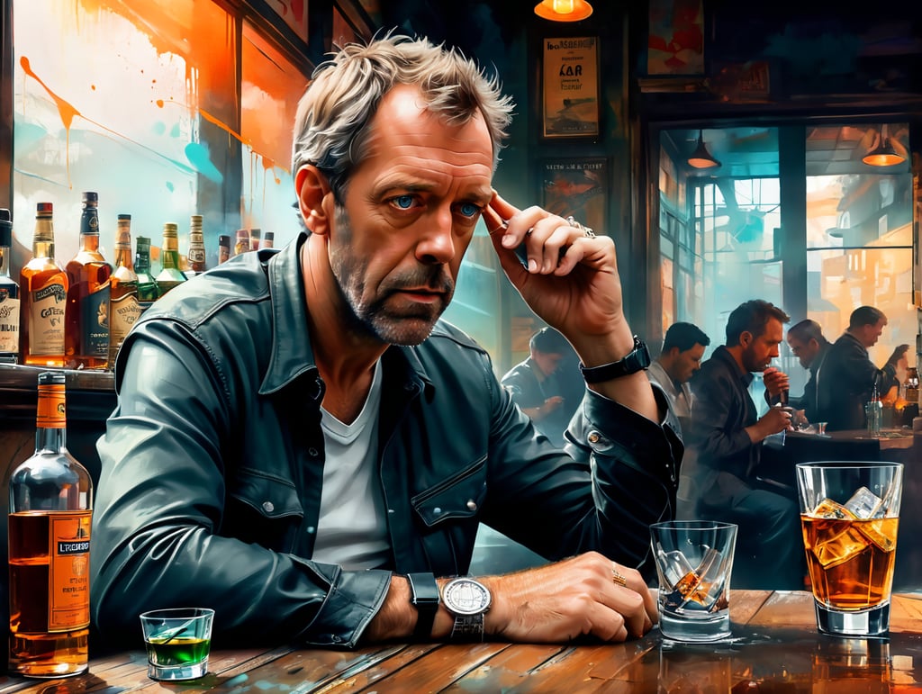 hugh laurie down on his luck in a sleazy bar drinking scotch