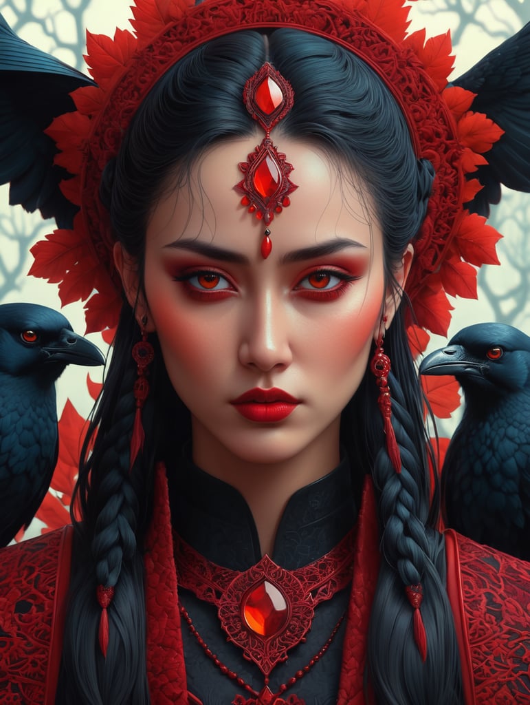 lord of crows art portrait by casey weldon, red and black color palette, olga kvasha, miho hirano, hyperdetailed intricately detailed gothic art trending on artstation triadic colors unreal engine 5 detailed matte painting, deep color, fantastical, intricate detail, splash screen, complementary colors, fantasy concept art, 8k resolution, gothic deviantart masterpiece