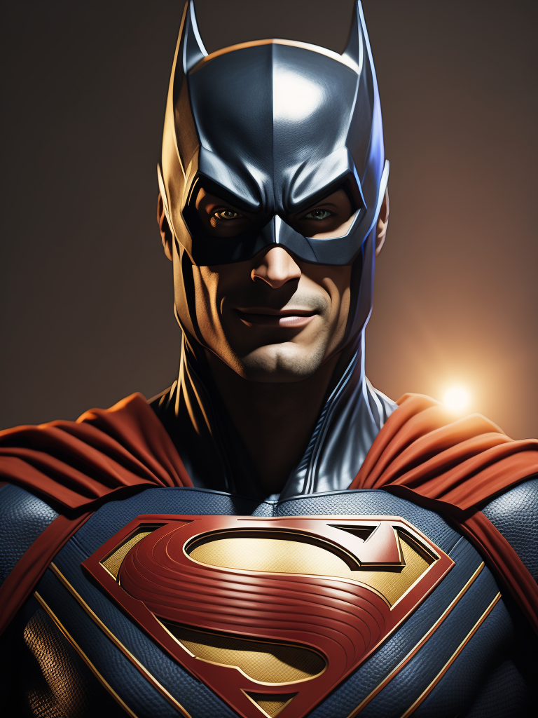 Superman dress like batman, smiling, joke