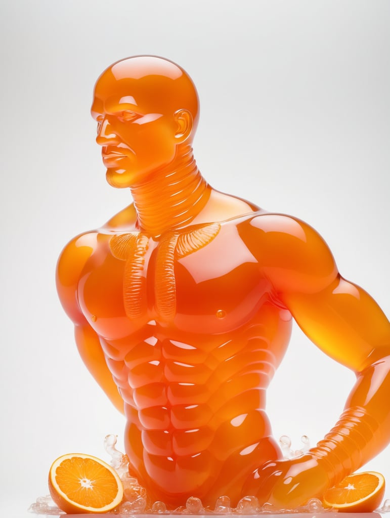 Portrait of a Translucent orange man made from the orange fruit jelly with pice of fruit, organs are visible through the jelly