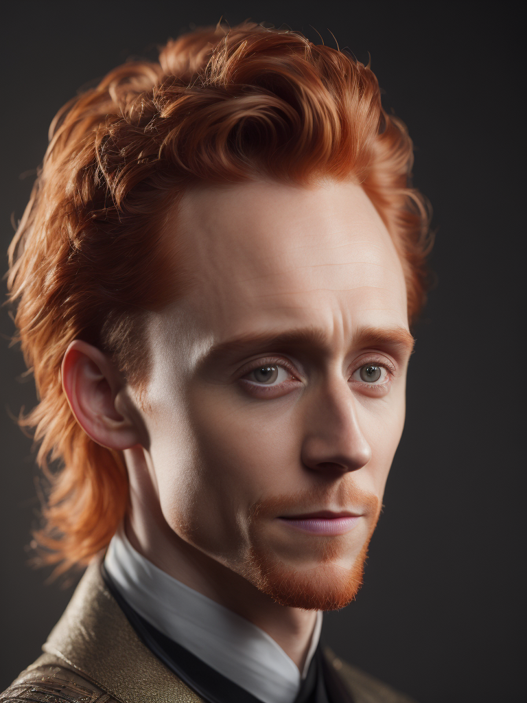 Portrait of Tom hiddleston with red hair in medieval style, detailed face, contrasting light