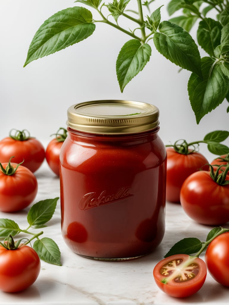tomato ketchup jar, red tomato with green leaves, isolated, white background, mockup