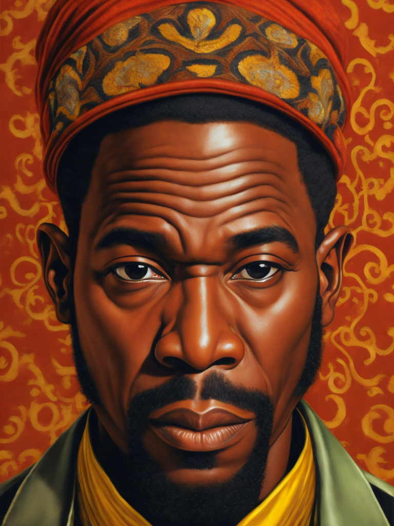 Jamaica's Man, portrait, realistic image, lots of detail, style of Mati Klarwein