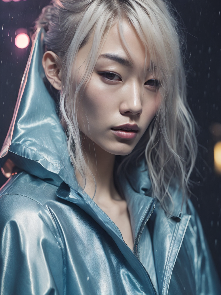 Portrait of Kaori from akira wearing transparent raincoat, rainy neo tokyo photoshoot, cyberpunk, Vivid saturated colors, Contrast light, studio photo, professional photo, Detailed image, detailed face