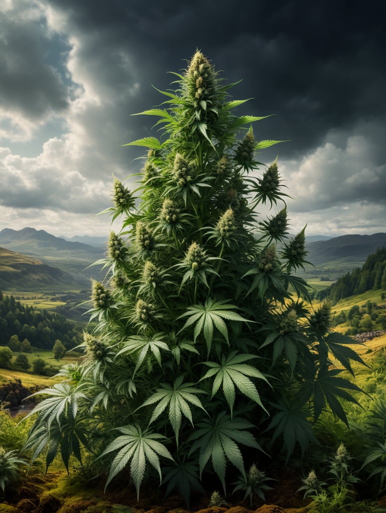 Image of a cannabis plant growing in a Scottish landscape