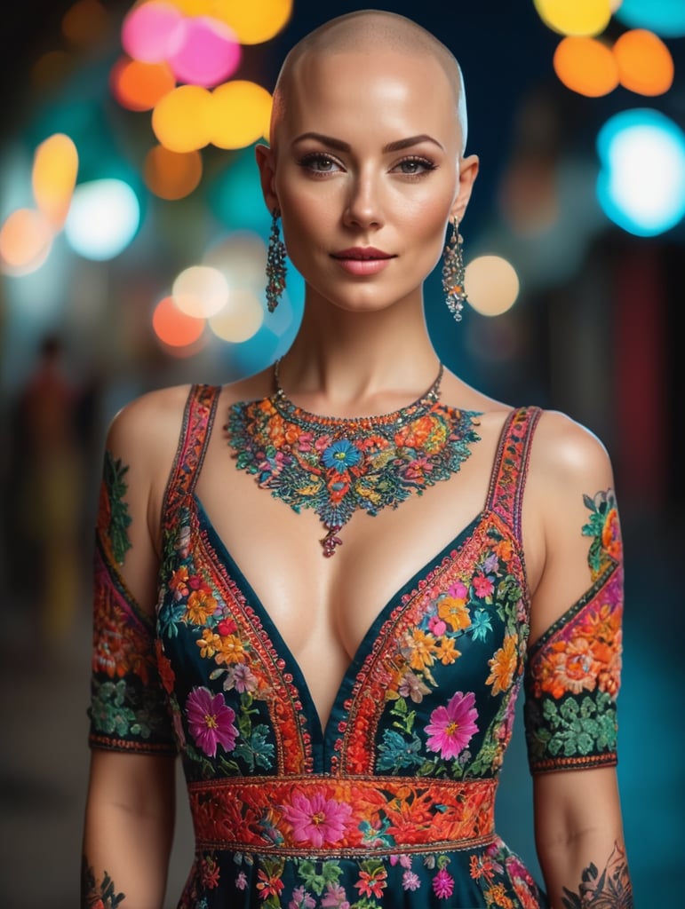 Beautiful hot bald woman with freckles, wearing a colorful, vibrant, detailed embroidered dress, medium-full shot, at night