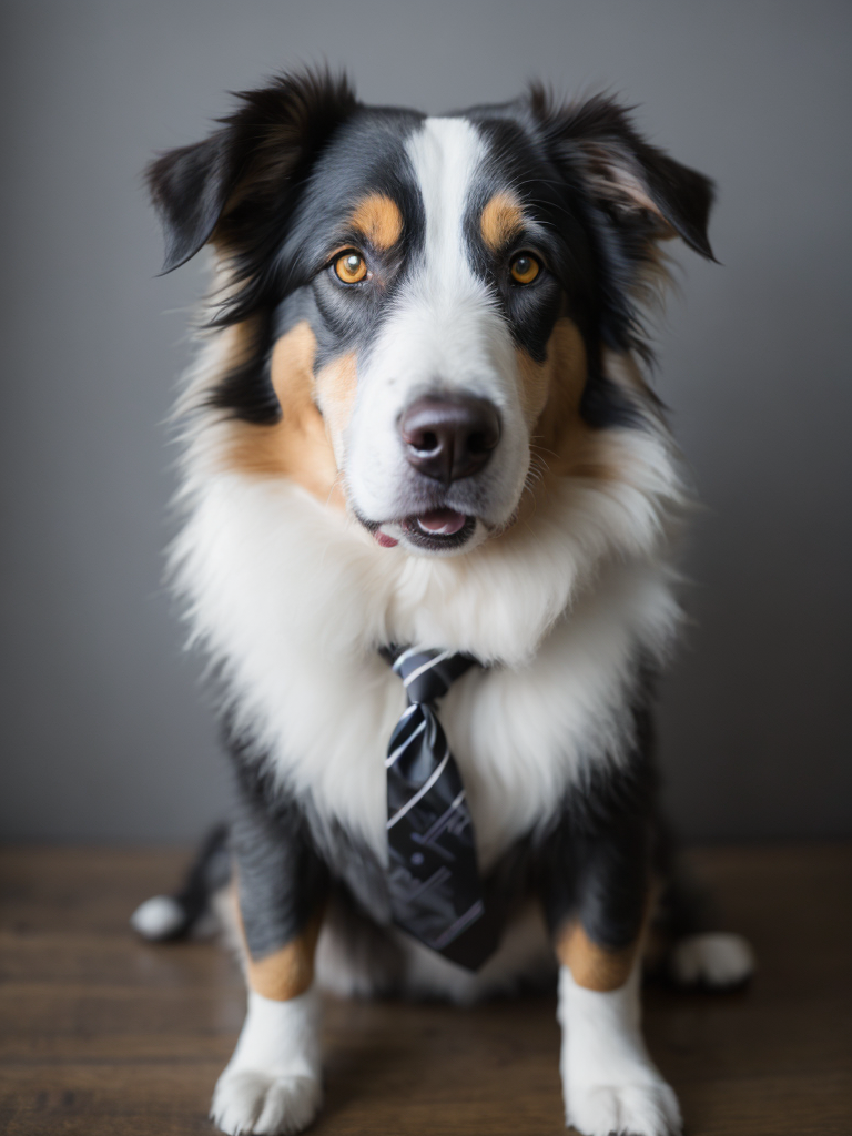 grey australian shepherd in a suit and tie, highly detailed photo, professional photo