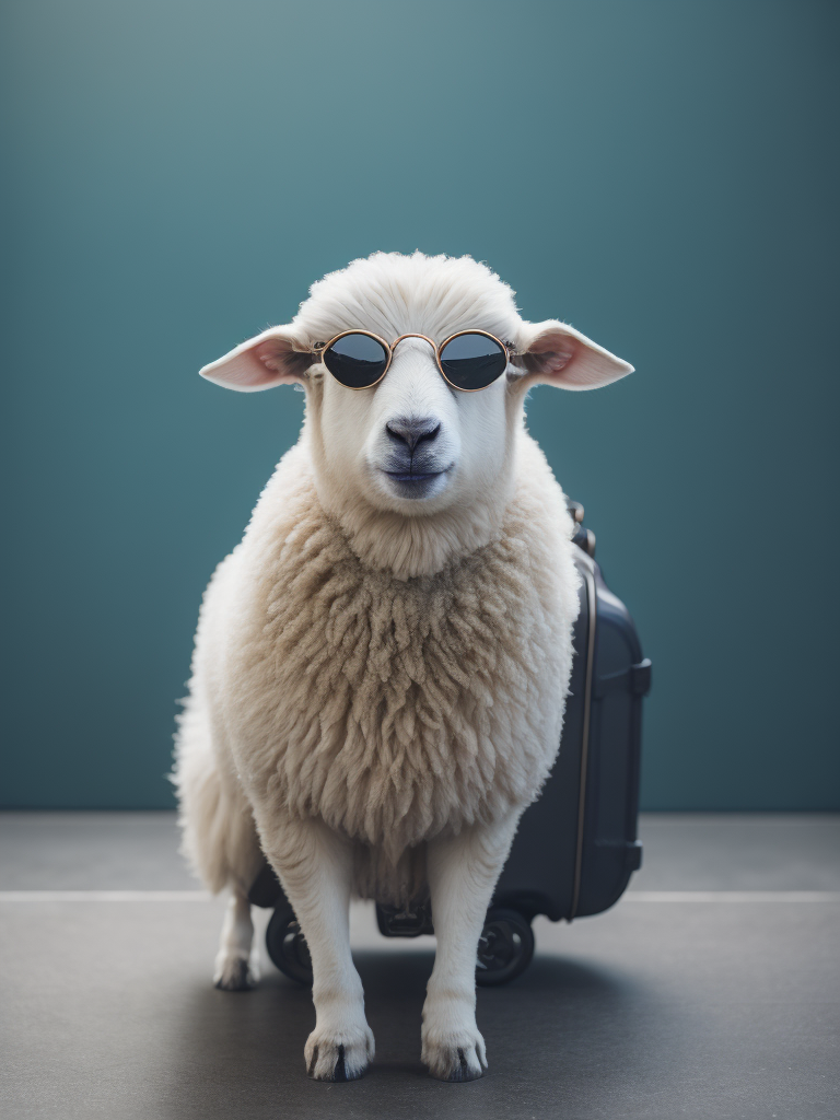 a sheep wearing sunglasses standing beside travel luggage, studio cyan-colored background, sharp detail