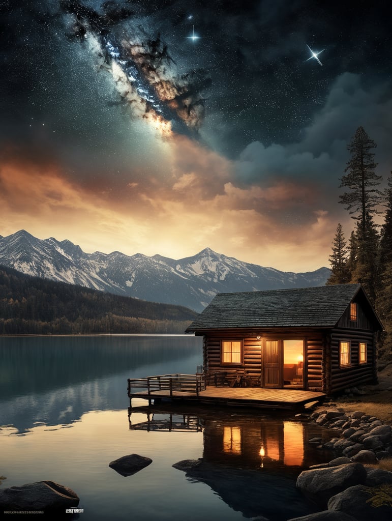 A vintage-style movie poster for "Chasing Shadows," featuring a night sky filled with stars as the backdrop. In the foreground, there's a serene moonlit lake, reflecting the starry night. On the lake's edge, there's an old cabin, warmly illuminated from within. The focal point of the poster is a celestial phenomenon—a bright, fiery comet, meteor, or fireball streaking across the sky, capturing the moment of impact. Around the cabin and near the lake's edge, there are shadowy figures, partially obscured and ambiguous, leaving viewers uncertain about their nature—human or otherworldly. The poster has a dark and moody color palette with a vintage sepia tone or desaturated colors. It should have a textured, worn appearance to evoke nostalgia. The title, "Chasing Shadows," is displayed in a classic, vintage-style font reminiscent of 80s horror movies. A mysterious tagline, "They Came from the Stars. Secrets from the Shadows," is placed below the title, adding to the intrigue.