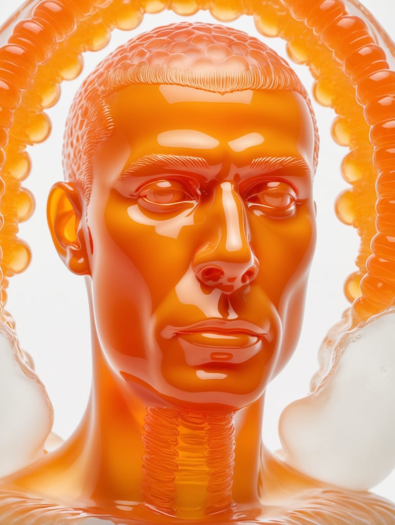 Portrait of a Translucent orange man made from the jelly, organs are visible through the jelly