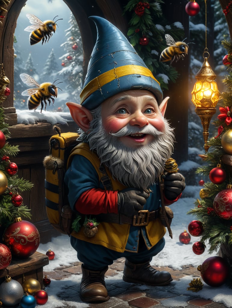 A little gnome meets Christmas with a bee