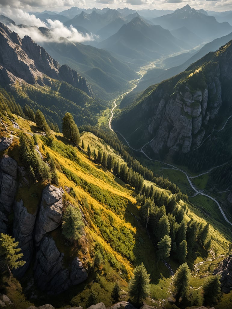 1st person view, overlooking sublime landscape from high mountains, down to very steep valleys and into great depth, some tall pine trees in the very foreground, immense depth, national geographic professional photography ultra HD style