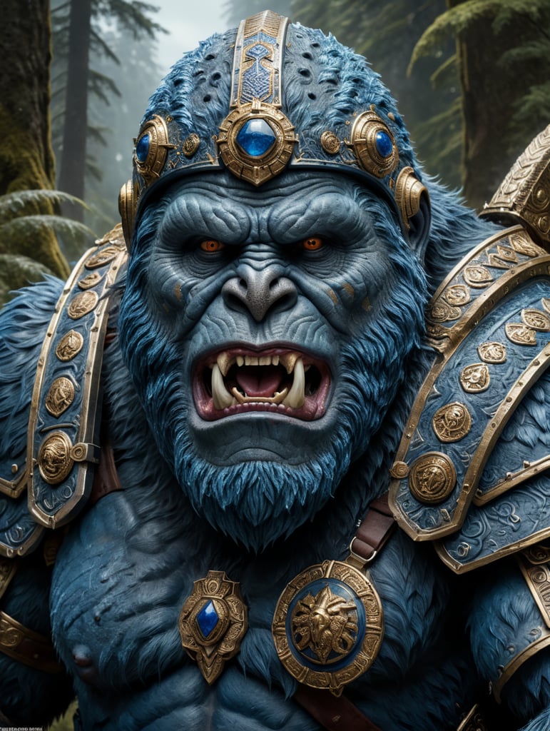 blue sasquatch with no mouth or nose, wearing a Roman legionnaires costume