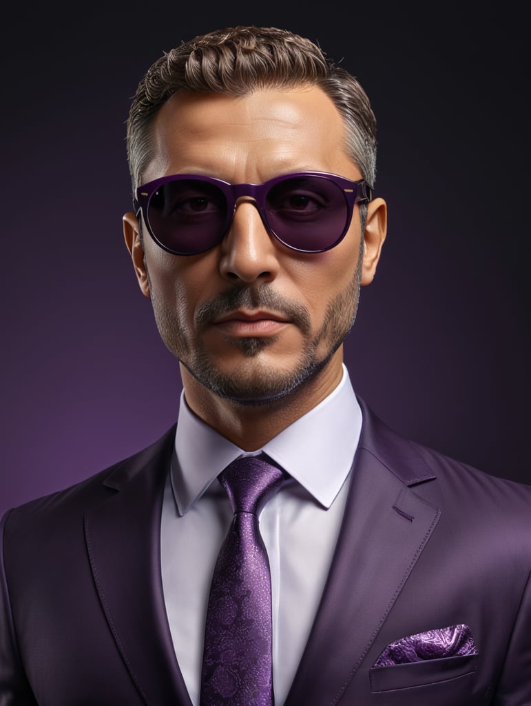 A man in a business suit with a eggplant for a head, dark purple background, sunglasses, isolated