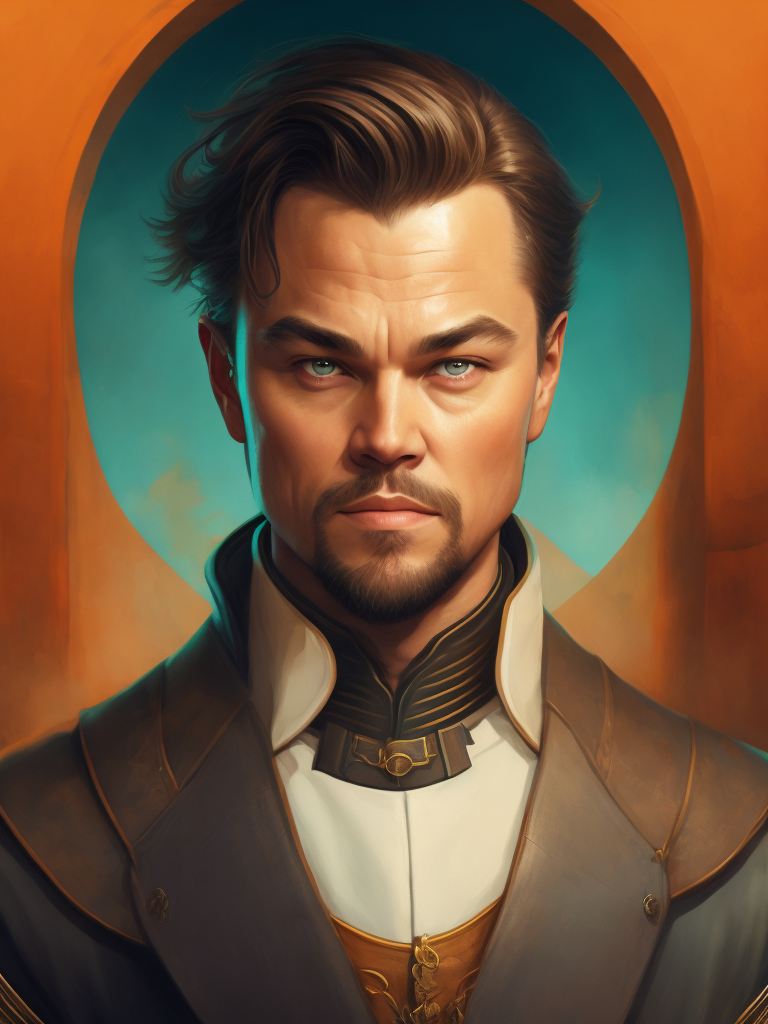 Portrait of Leonardo DiCaprio as a 17th century ship captain, Detailed uniform, Brass buttons, gradient background, contrasting light, detailed face, muted tones