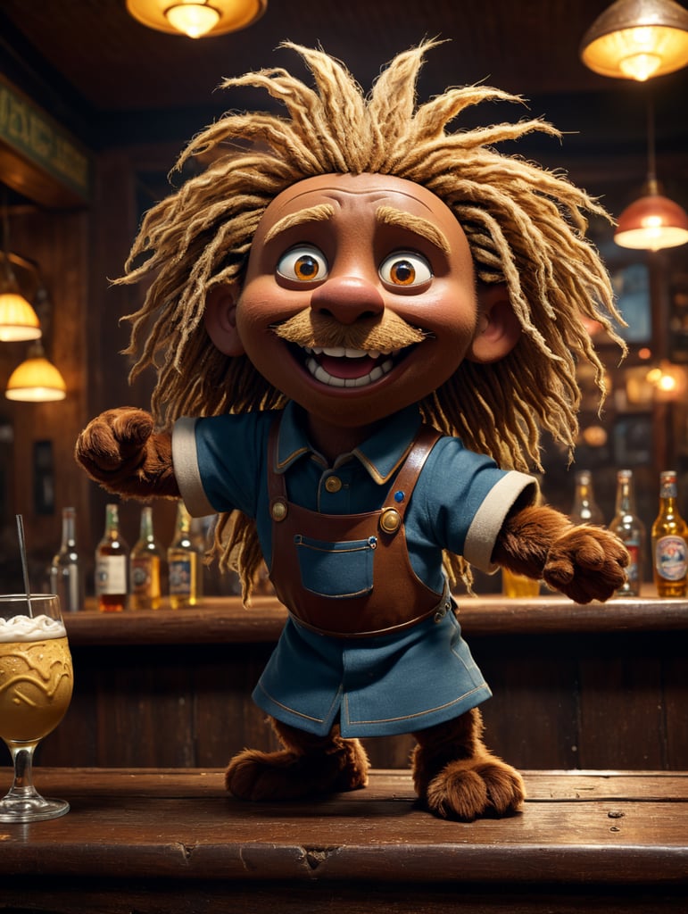 Домовёнок Ку́зя» — четырёхсерийный цикл советских кукольных мультипликационных фильмов о домовёнке по имени Кузя. Маленький домовенок с золотыми волосами и дредами Создать картинку, где главный герой танцует в баре, стиль 90-е года